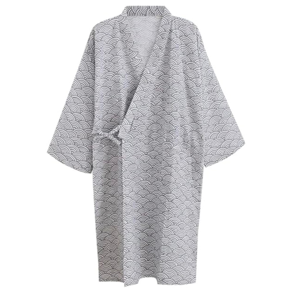 Ruiteng Home Grey Seigaiha Wave Cotton Gauze Kimono Robe‎ Medium Loungewear